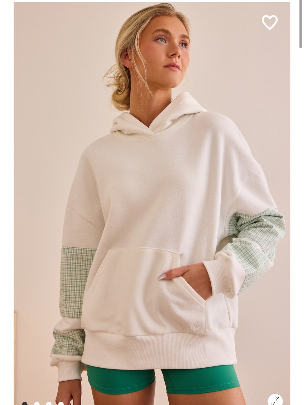 Altar’d State Cream Hoodie with Light Green Plaid Sleeve Accents
